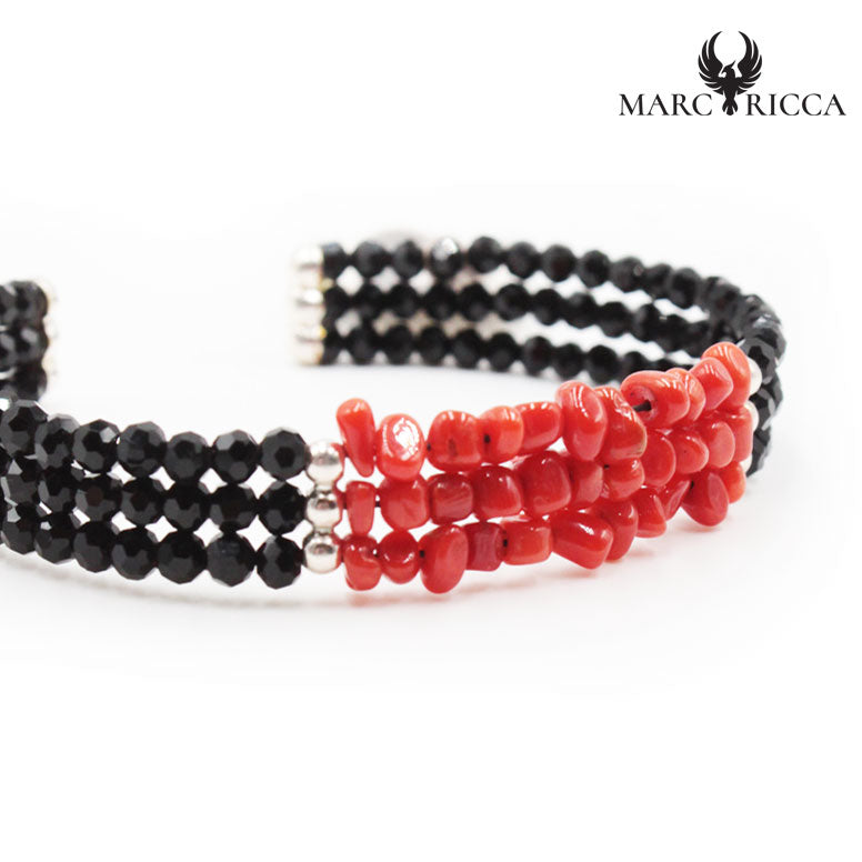Bracelet Jonc Argent 3 Rangs Cristaux Noirs & Corail