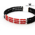 Bracelet Jonc Argent 3 Rangs Cristaux Noirs & Tubes Corail