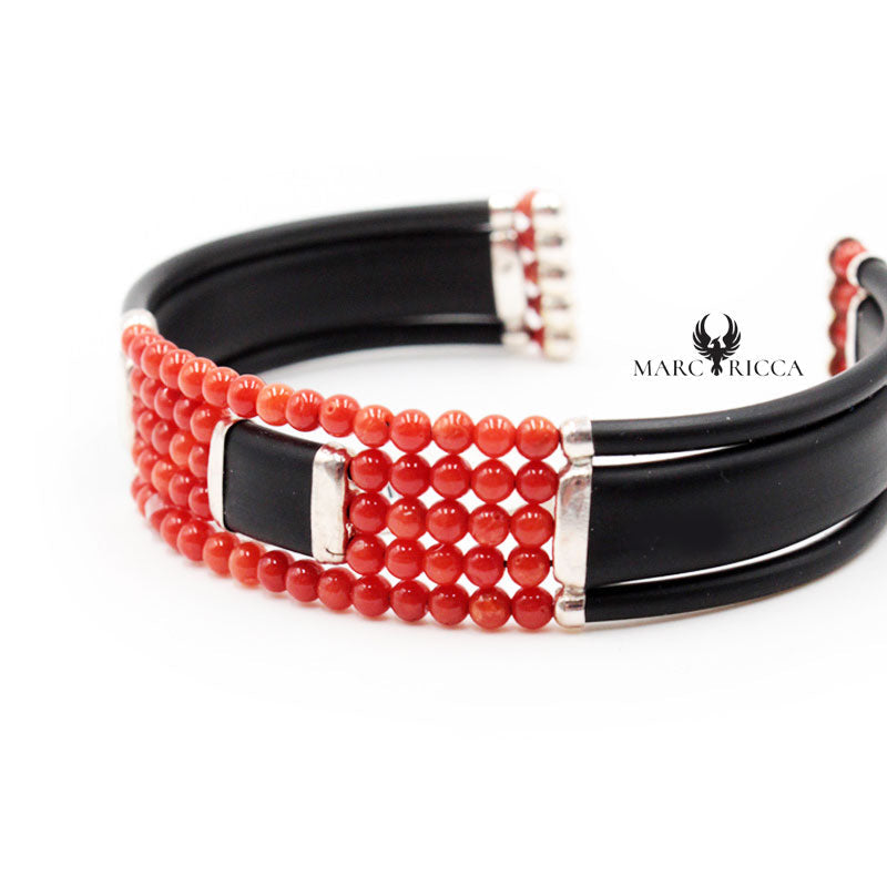 Bracelet Jonc Argent Caoutchouc 5 Rangs de Corail