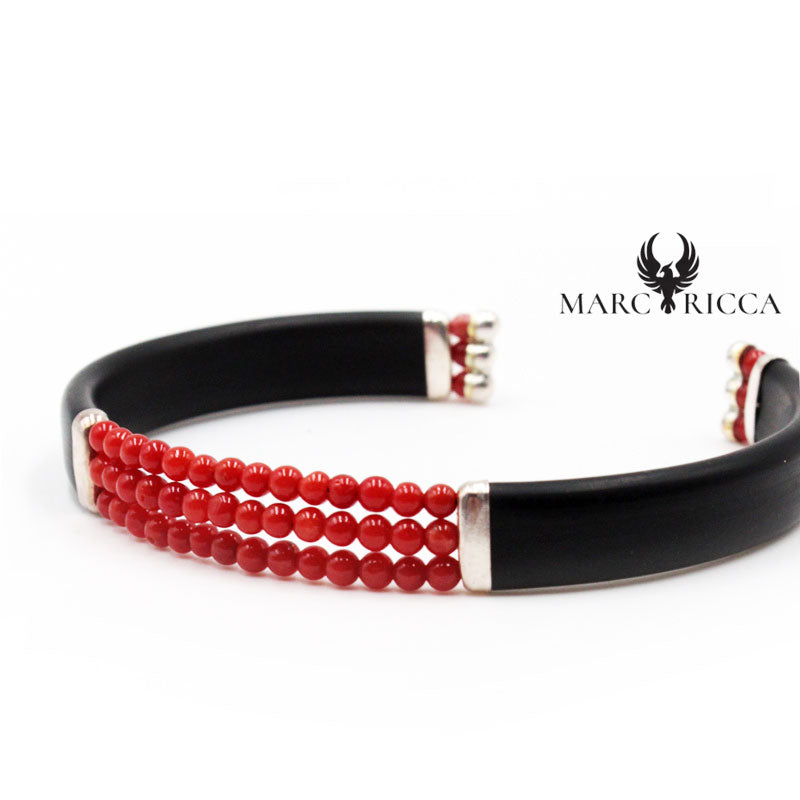 Bracelet Jonc Argent Caoutchouc 3 Rangs de Corail