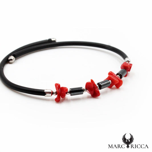 Bracelet Jonc Argent Caoutchouc Hématite & Corail
