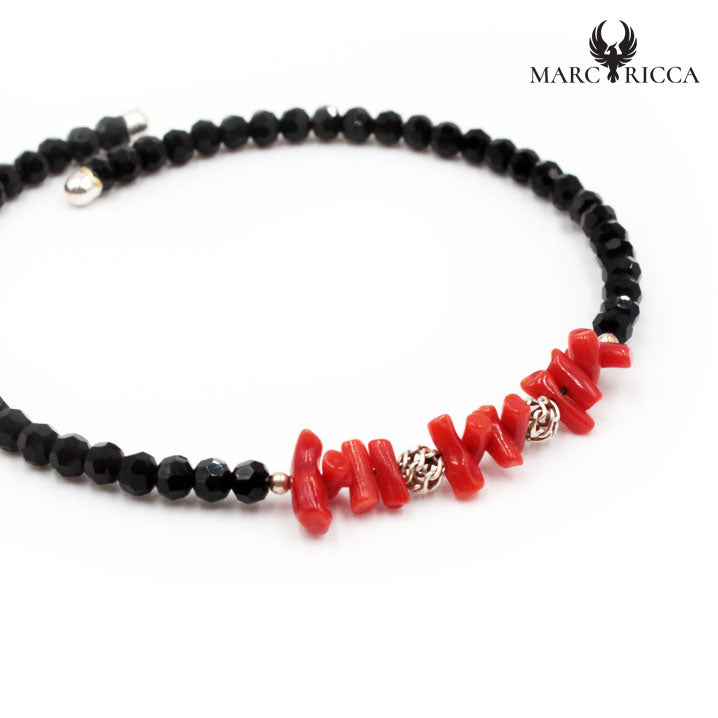 Bracelet Jonc Argent 1 Rangs Cristaux Noirs & Corail