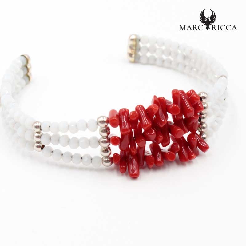 Bracelet Jonc Argent 3 Rangs Cristal Blanc & Corail