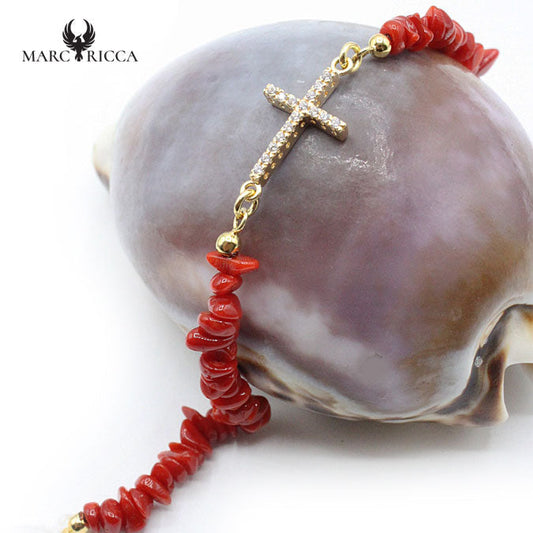 Bracelet Argent Corail Rouge et Croix Zirconium Vermeil