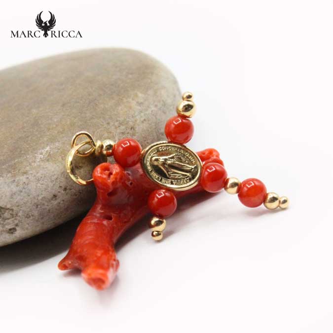 Pendentif croix corail avec Miraculeuse en vermeil ou argent