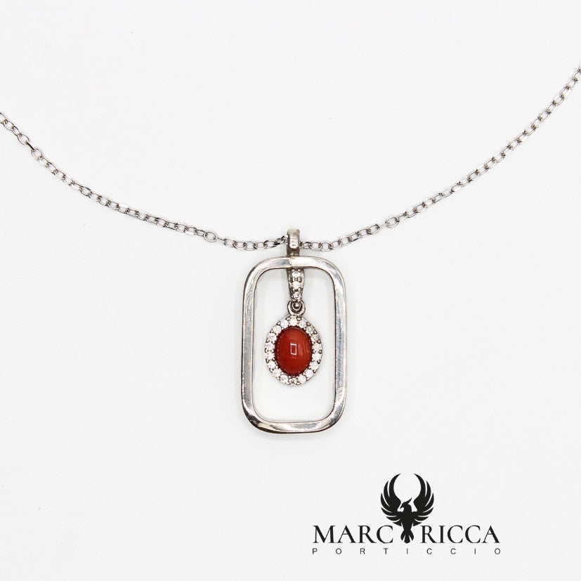 Collier en Argent et son pendentif Corail et Oxyde de Zirconium