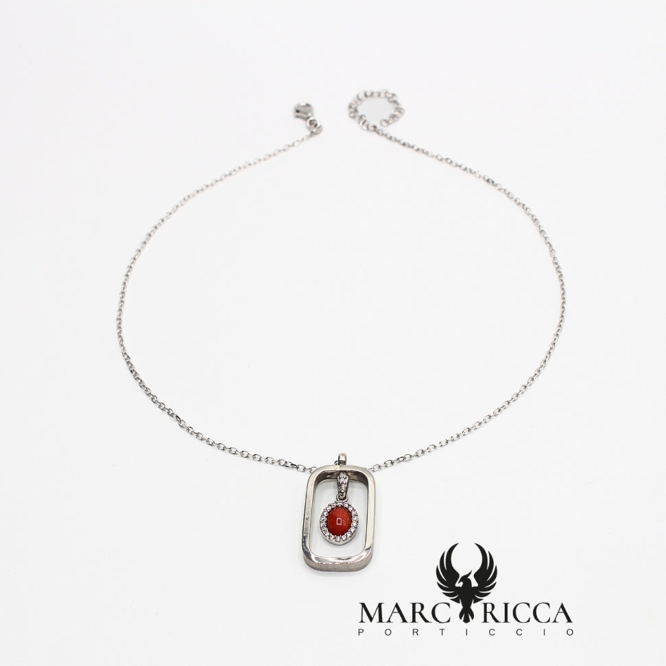 Collier en Argent et son pendentif Corail et Oxyde de Zirconium