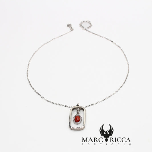 Collier en Argent et son pendentif Corail et Oxyde de Zirconium
