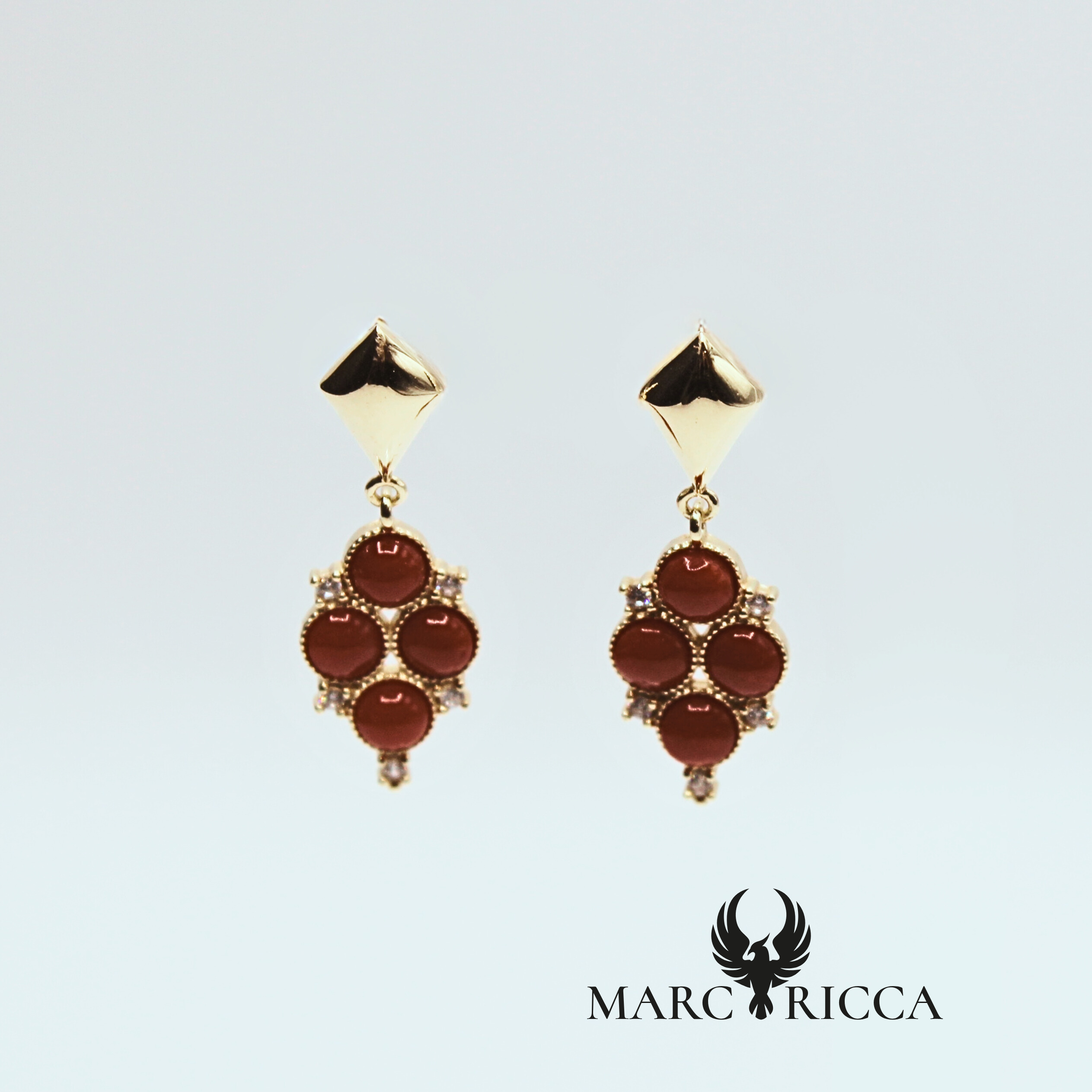Boucles d'oreilles losange en vermeil, corail et Zirconium