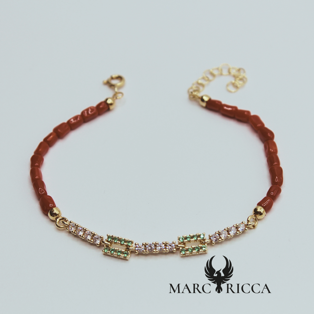 Bracelet Vermeil, Corail tube et Zircinium vert
