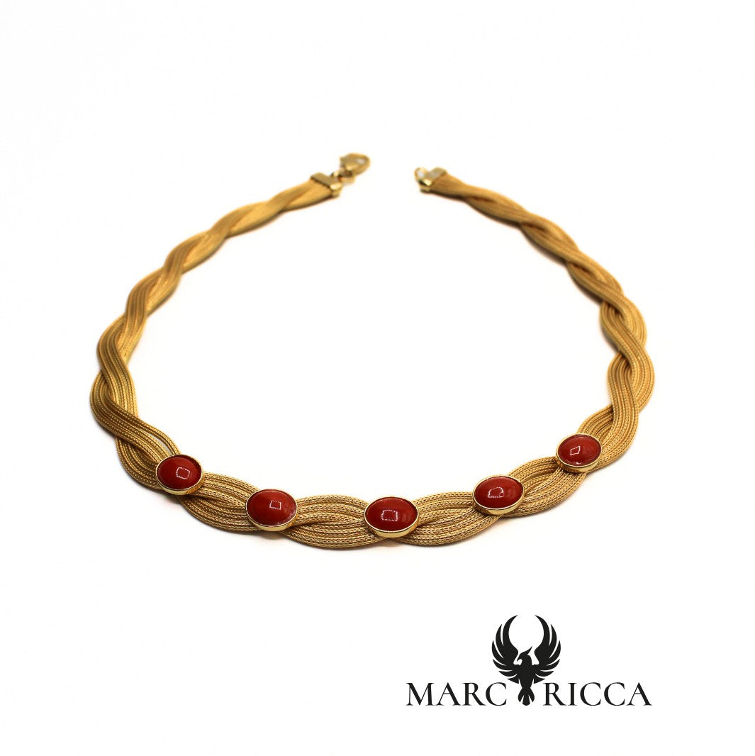 Collier tressé Vermeil et Corail en Cabochon