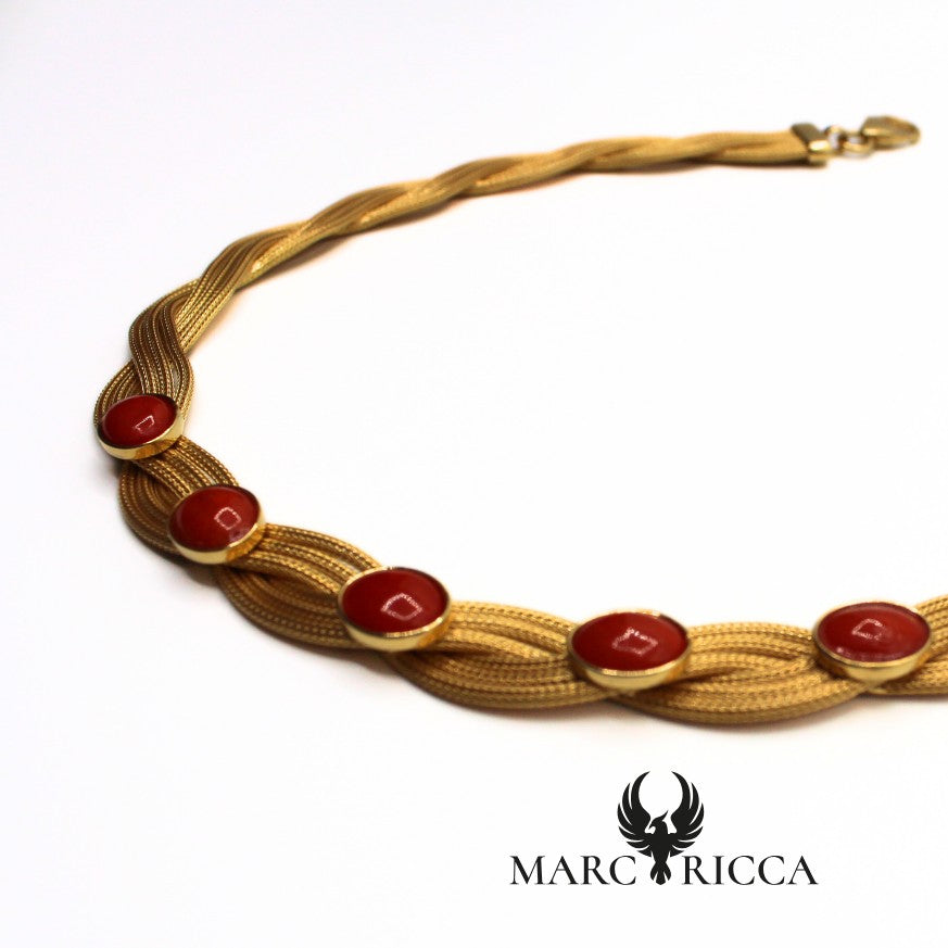 Collier tressé Vermeil et Corail en Cabochon