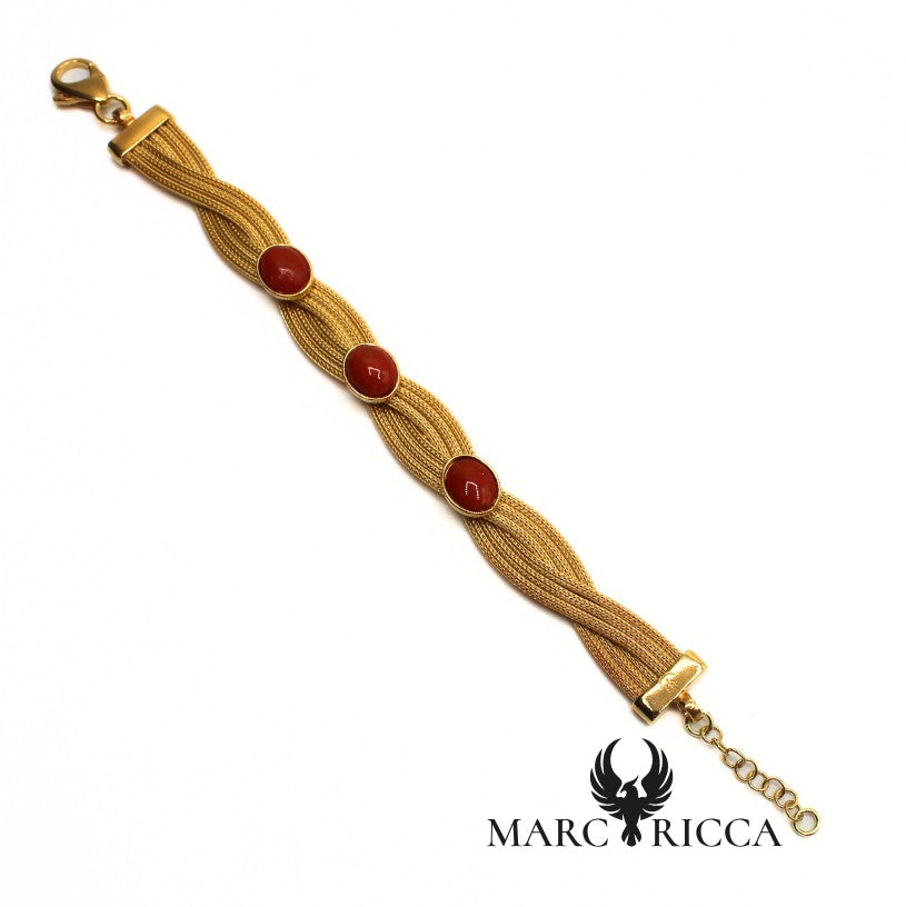 Bracelet tressé Vermeil et Corail en Cabochon