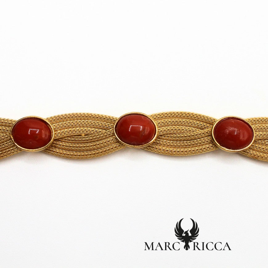 Bracelet tressé Vermeil et Corail en Cabochon
