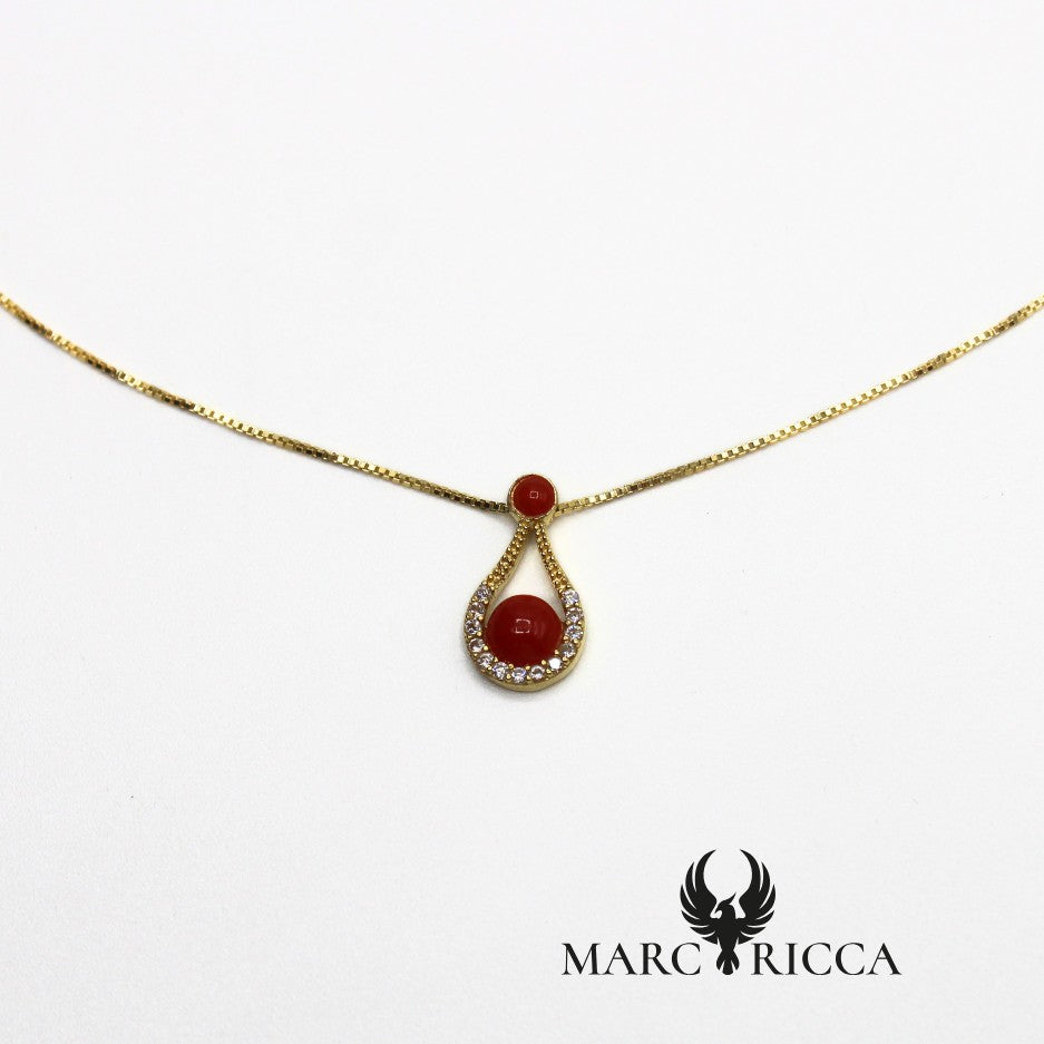 Collier pendentif goutte Corail et Zircons