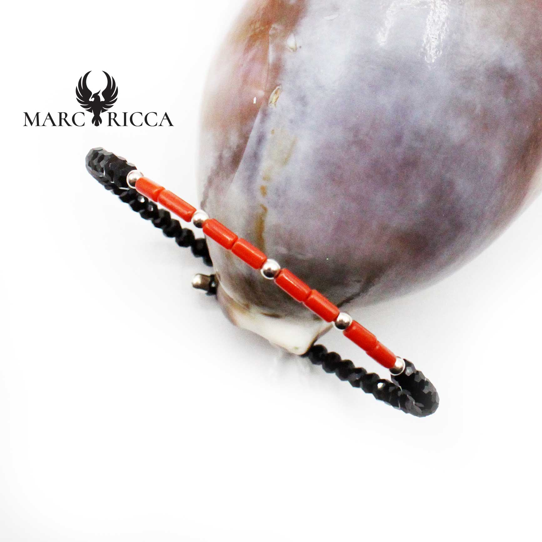 Bracelet Jonc Argent 1 Rang Cristaux Noirs & Tubes de Corail