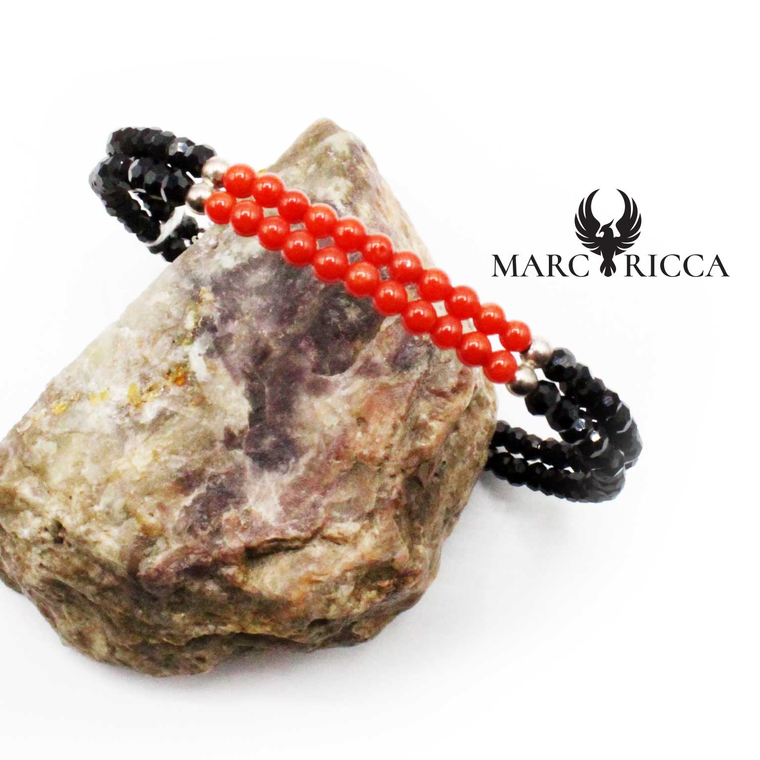 Bracelet Jonc Argent 2 Rangs Cristaux Noirs & Corail