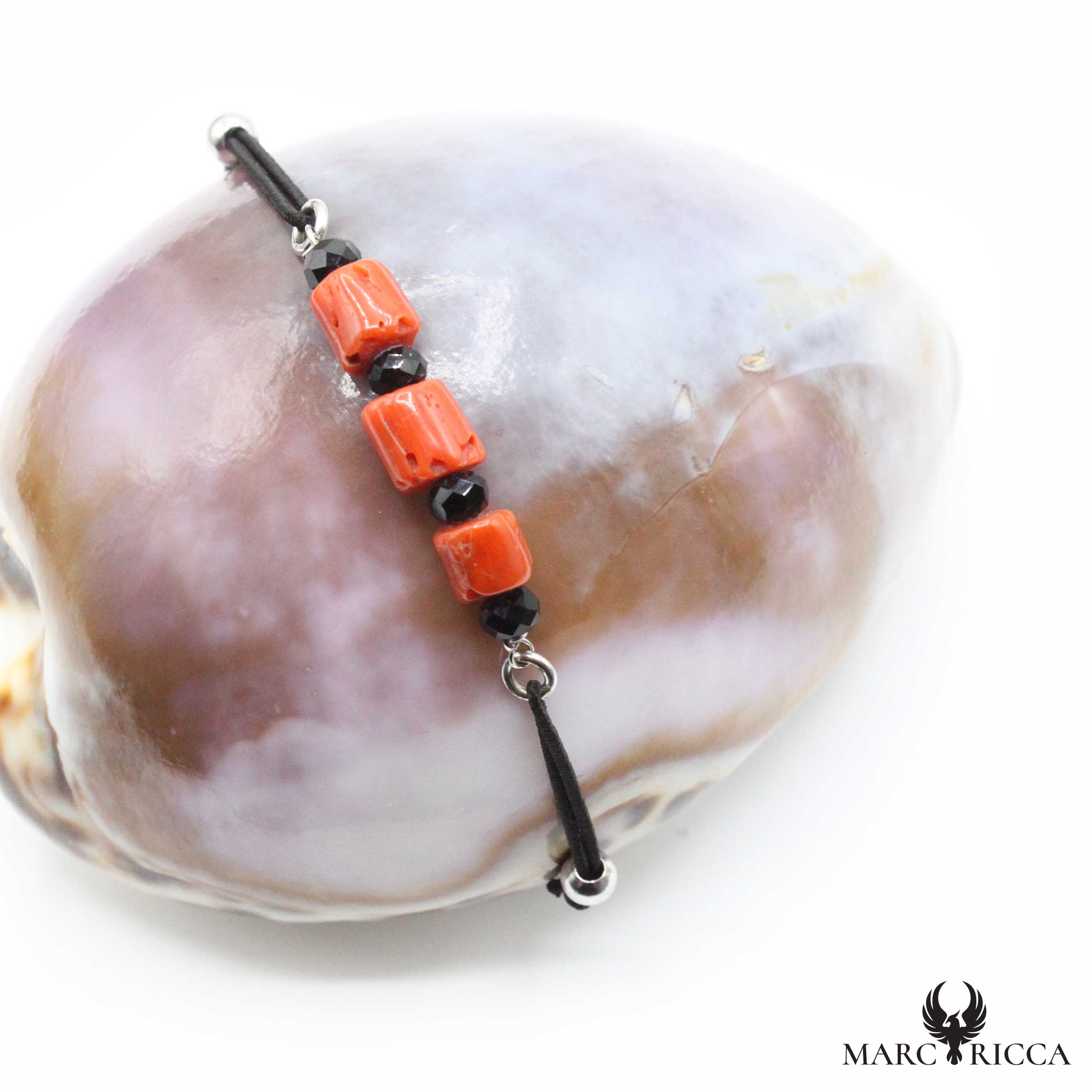 Bracelet Argent Cordon Corail & Cristal Noir