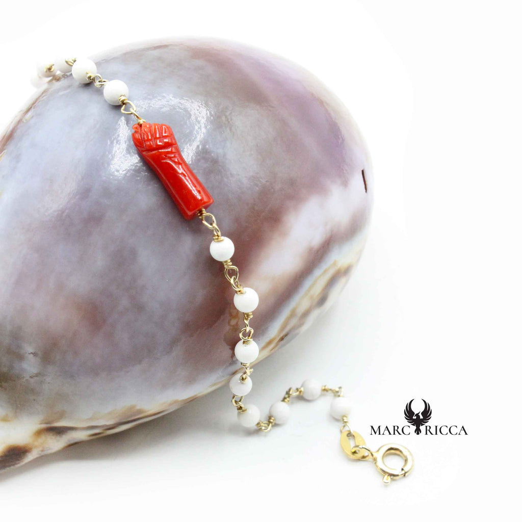 Bracelet Argent Chainette Main en Corail Rouge Vermeil