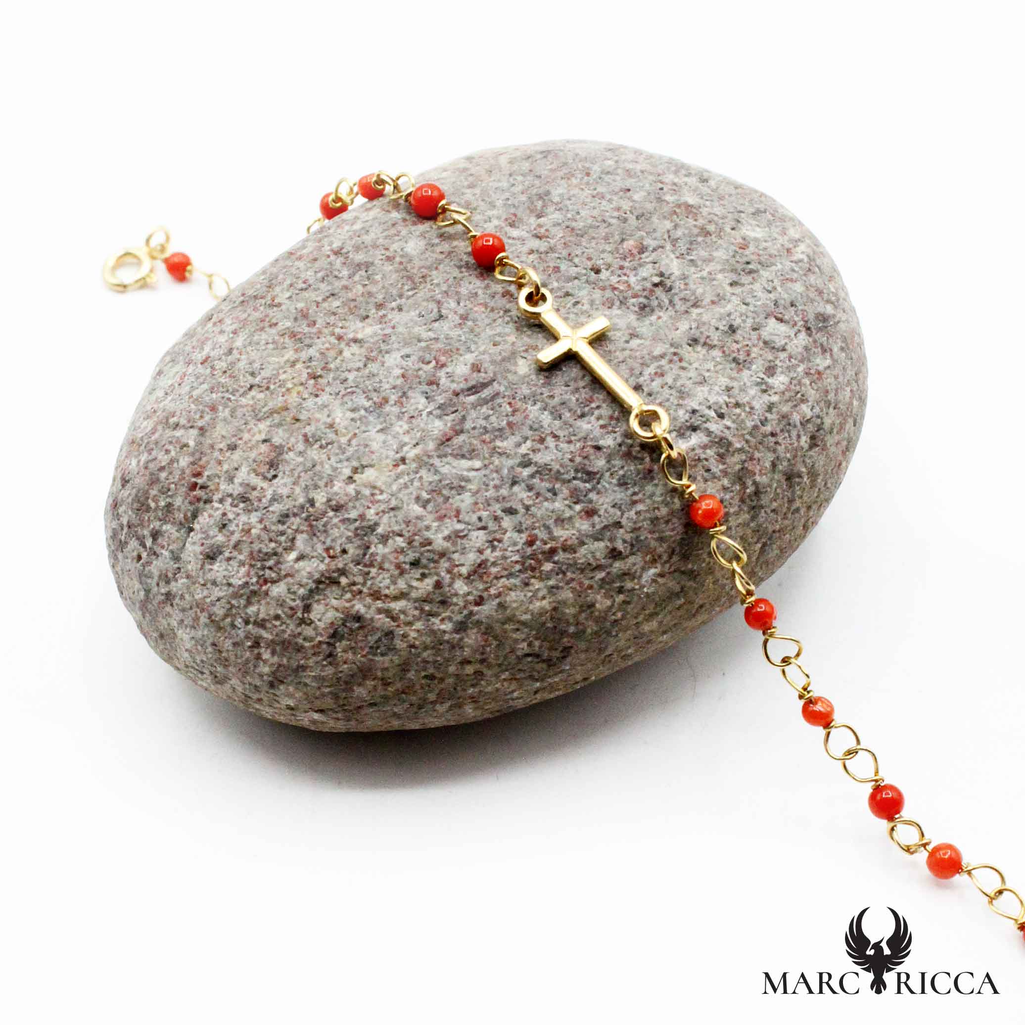 Bracelet Argent Chainette Croix & Corail Rouge