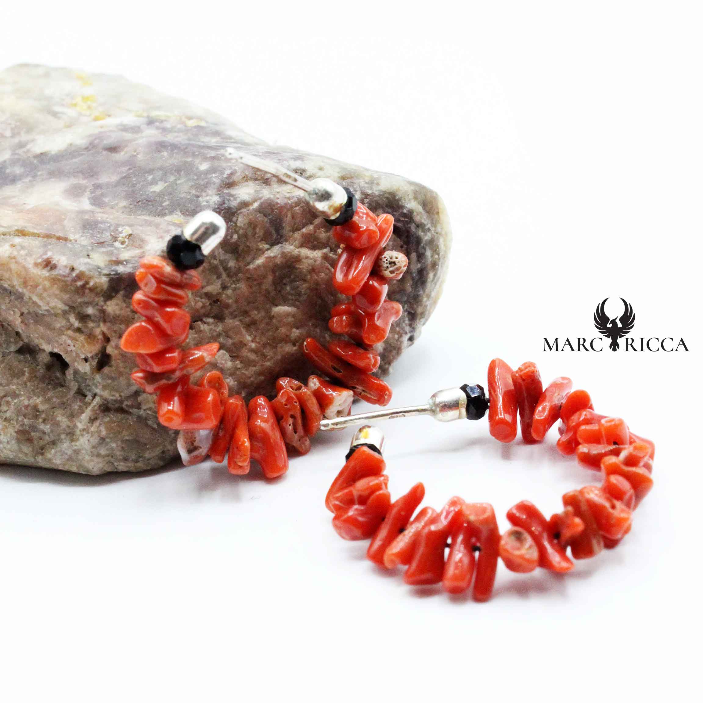 Boucles Argent Créole Ouverte Corail Cupolino & Cristal Noir