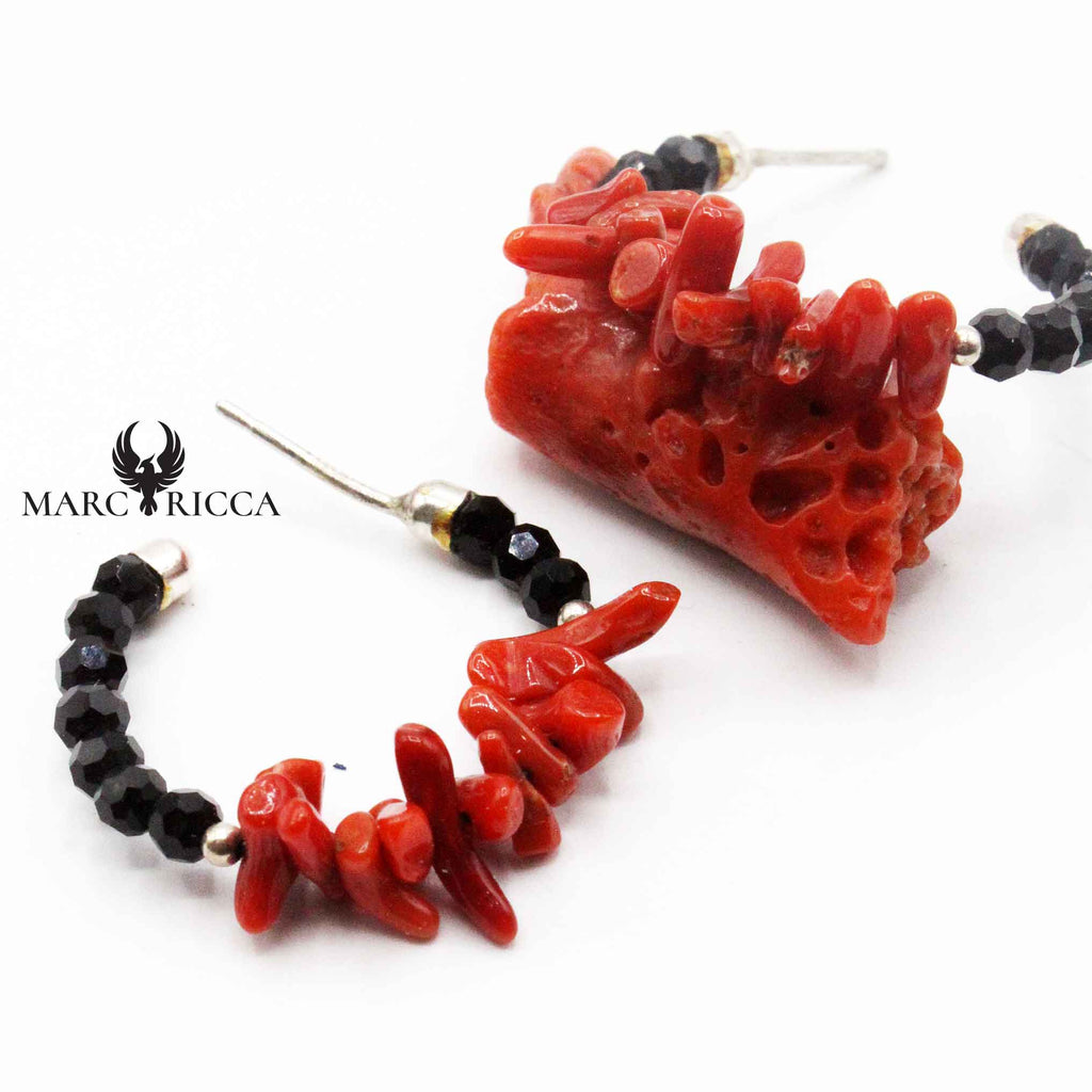 Boucles Argent Créole Ouverte Corail Cupolino & Cristaux Noirs