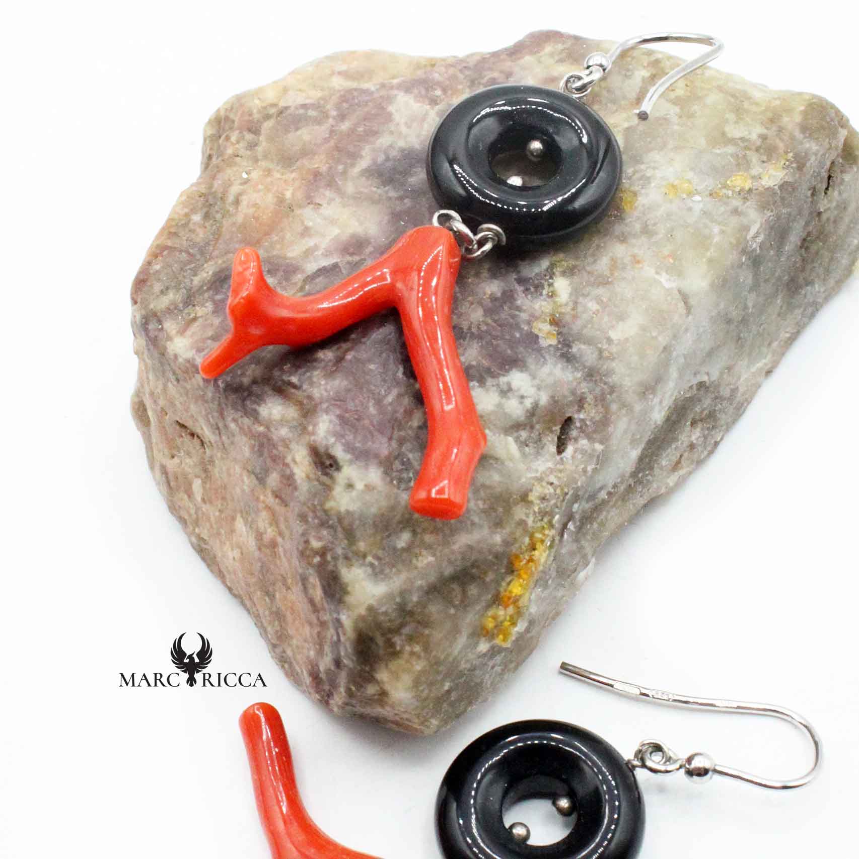 Boucles Argent Branche de Corail & Onyx