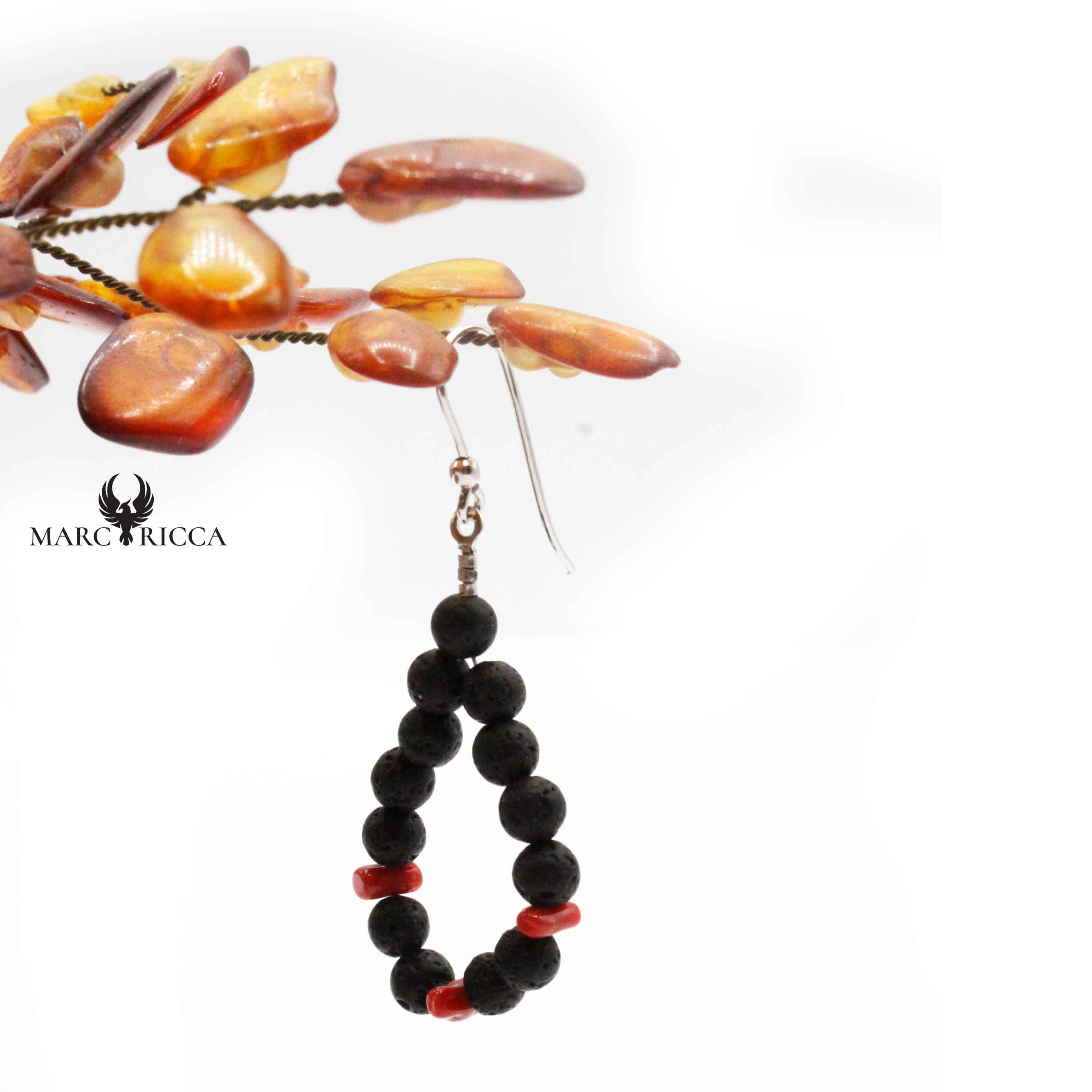 Boucles Argent Corail & Pierre de Lave Goutte