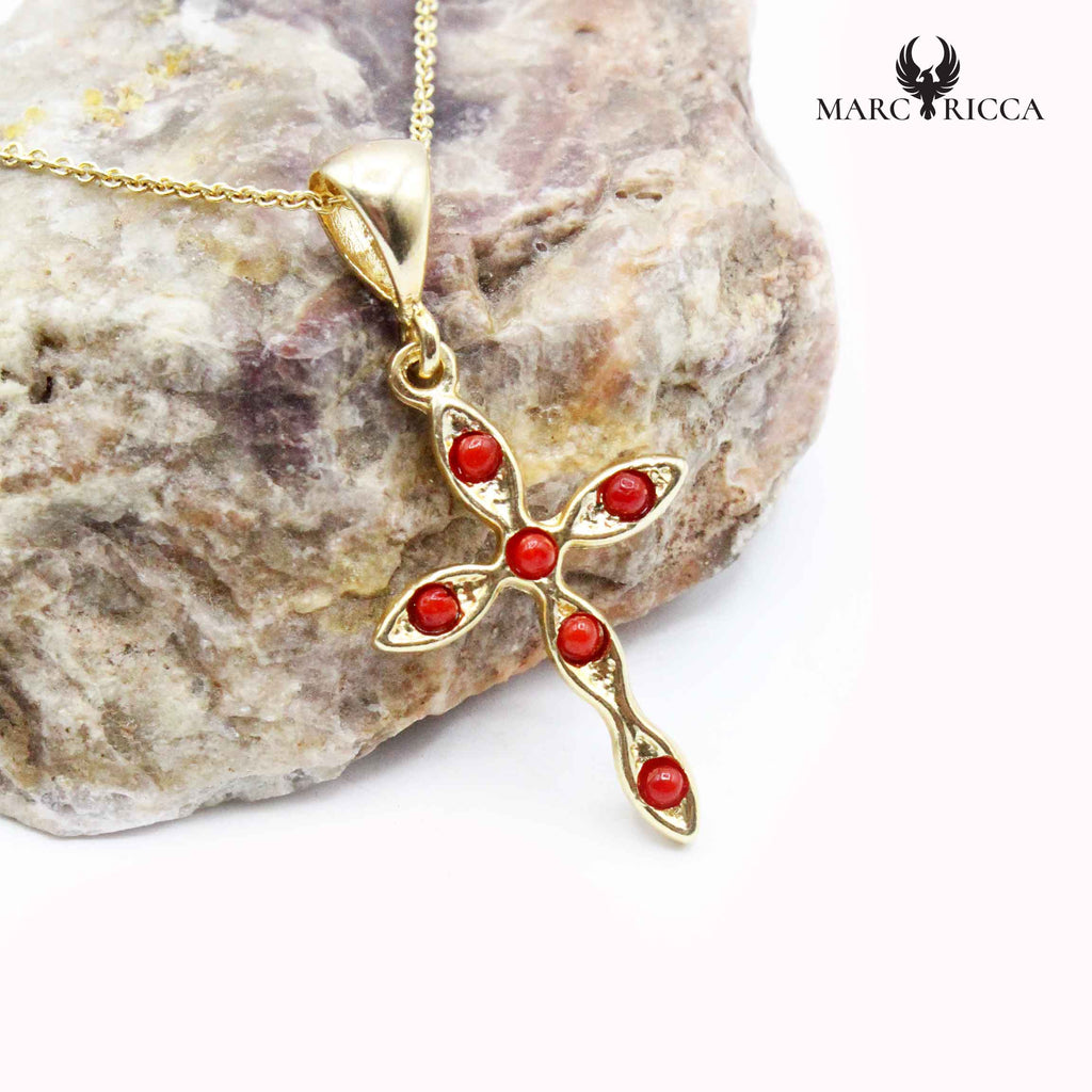 Pendentif Argent Croix Corail