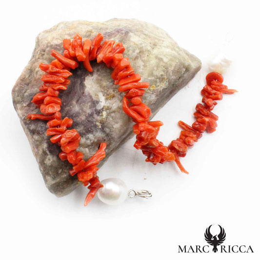 Bracelet Argent Frange Corail Rouge et Perles