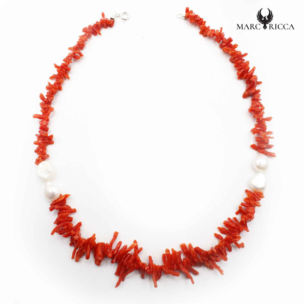 Collier Argent Frange Corail Rouge et Perles