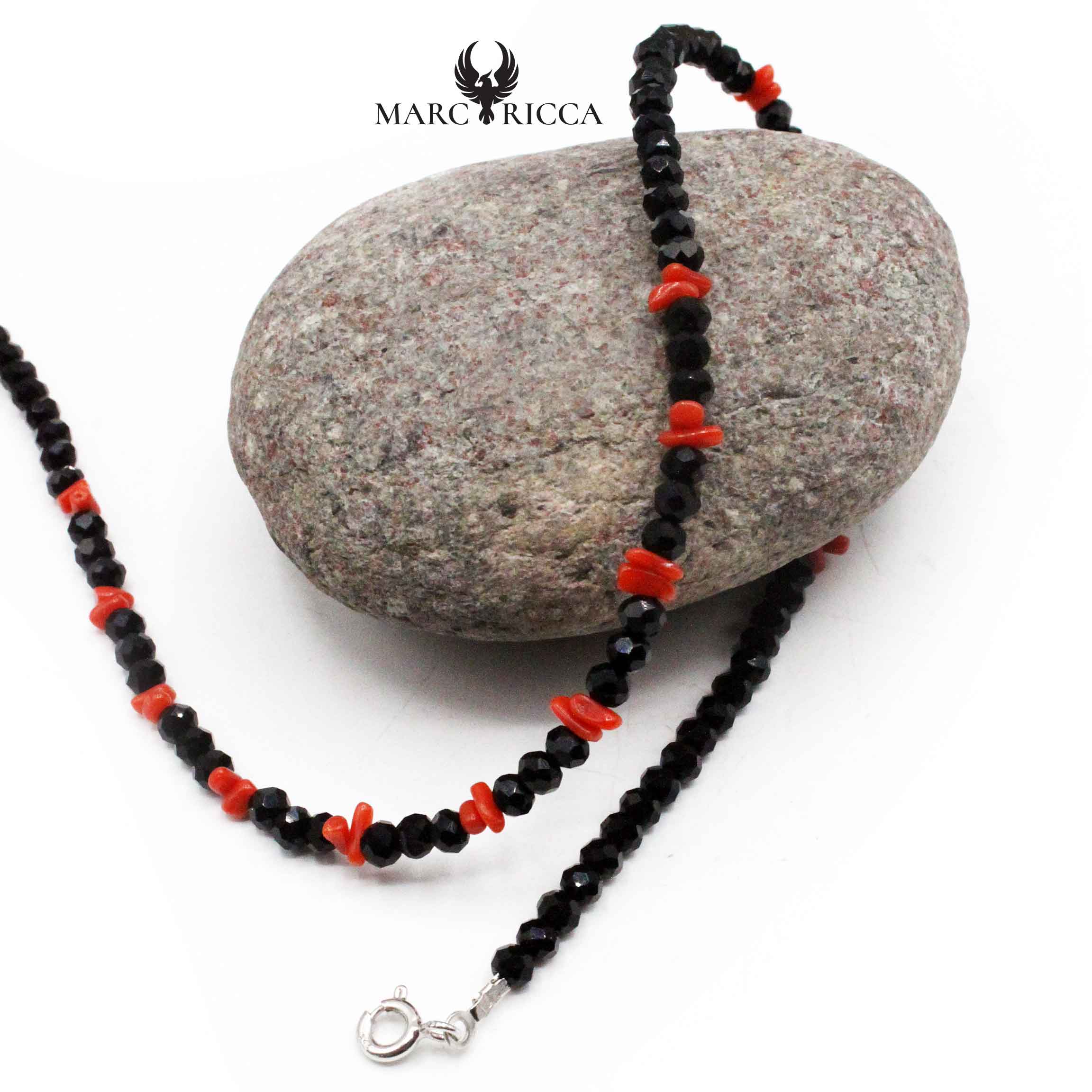 Collier Argent Cristal Noir et Corail