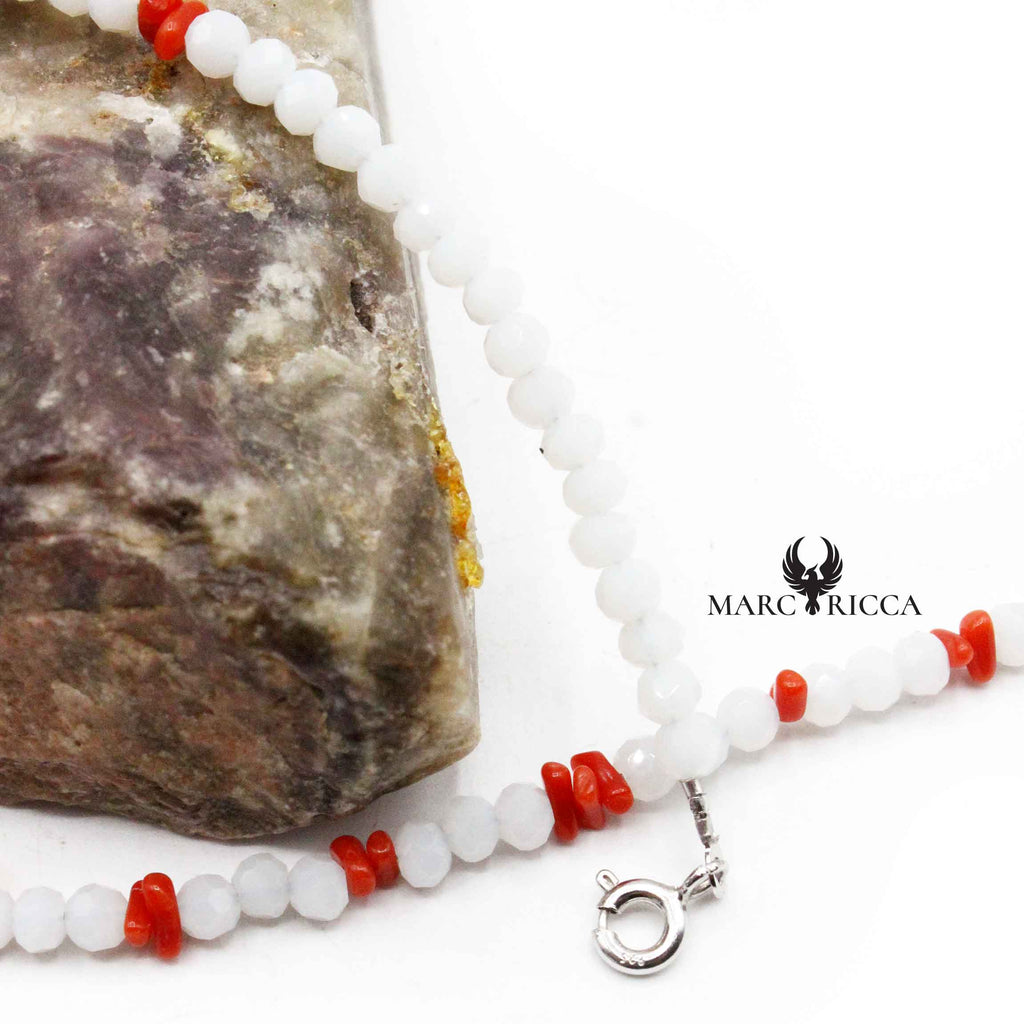 Collier Argent Cristal Blanc et Corail