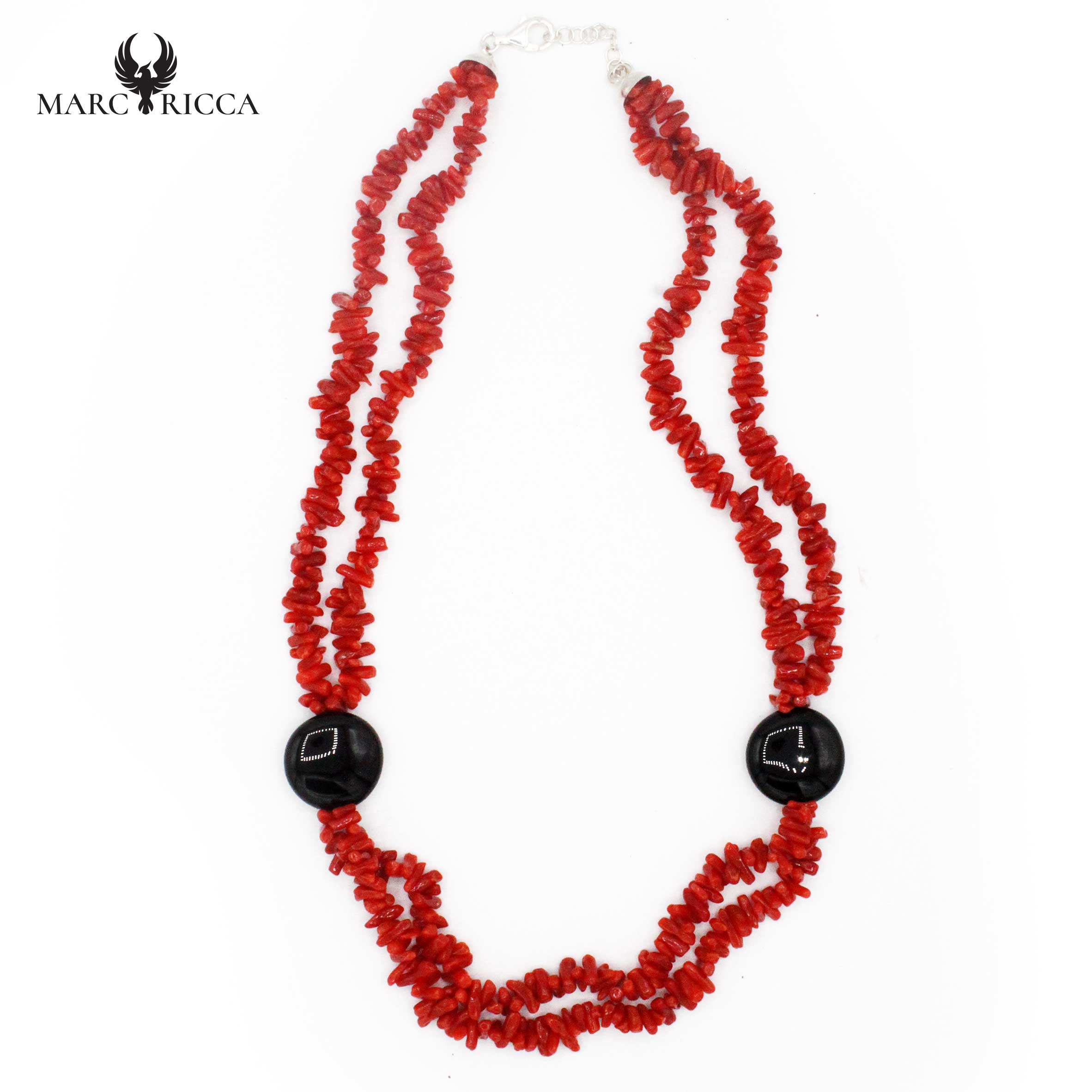 Collier Argent Cupolino Corail Rouge et Onyx Rond