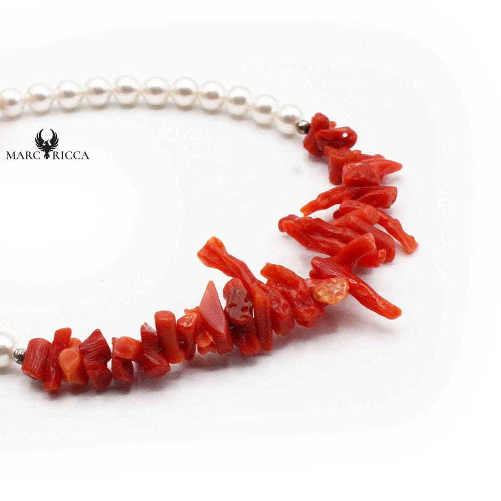 Bracelet Argent Corail Rouge et Perles Blanches