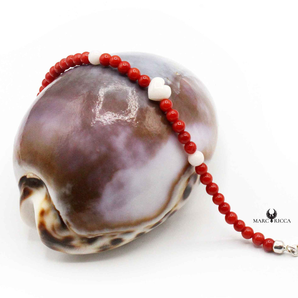 Bracelet Argent Perles de Corail Rouge et Cœur Blanc