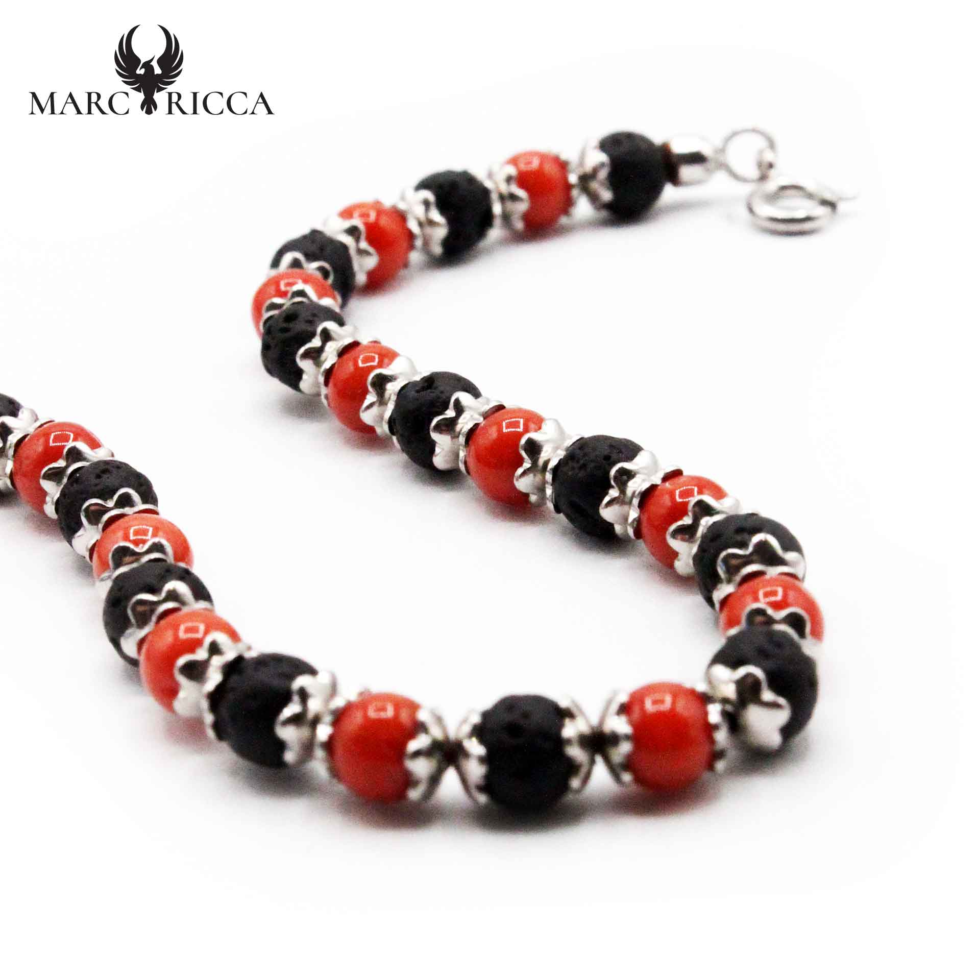 Bracelet Argent Corail Rouge et Pierres de Lave