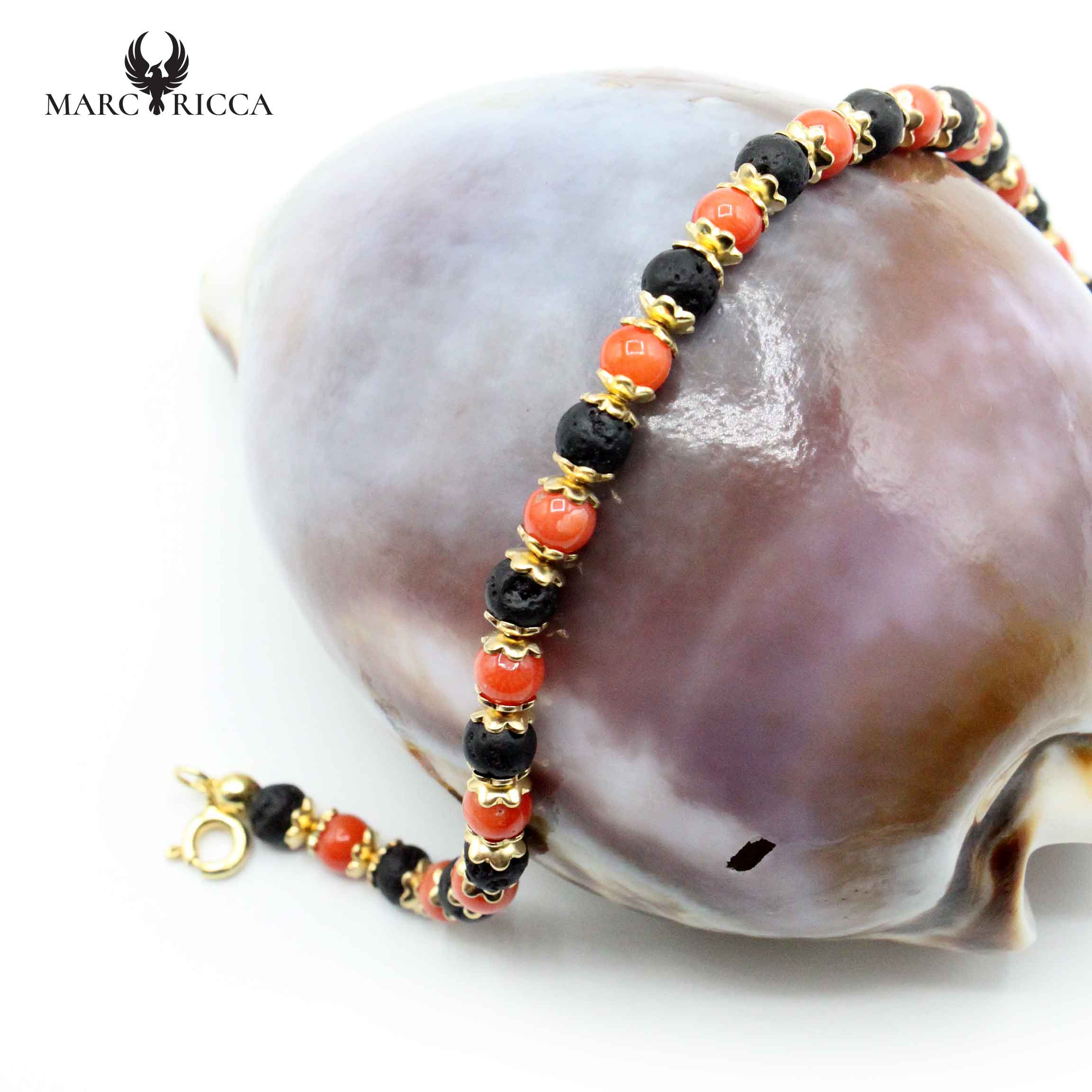 Bracelet Argent Corail Rouge et Pierres de Lave