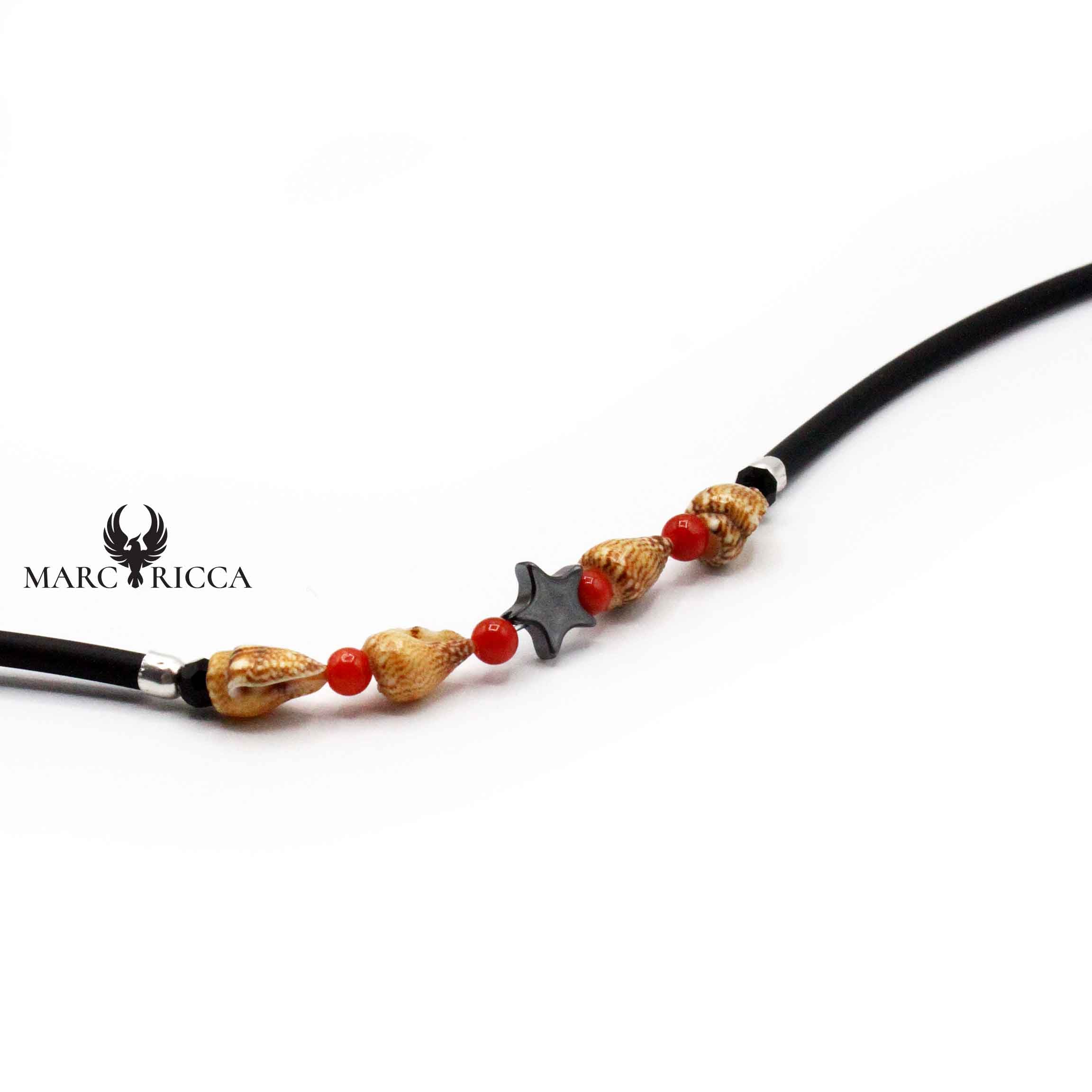 Bracelet Argent Caoutchouc Coquillages et Corail Rouge