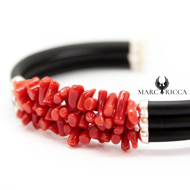 Bracelet Jonc Argent Caoutchouc 3 Rangs de Corail