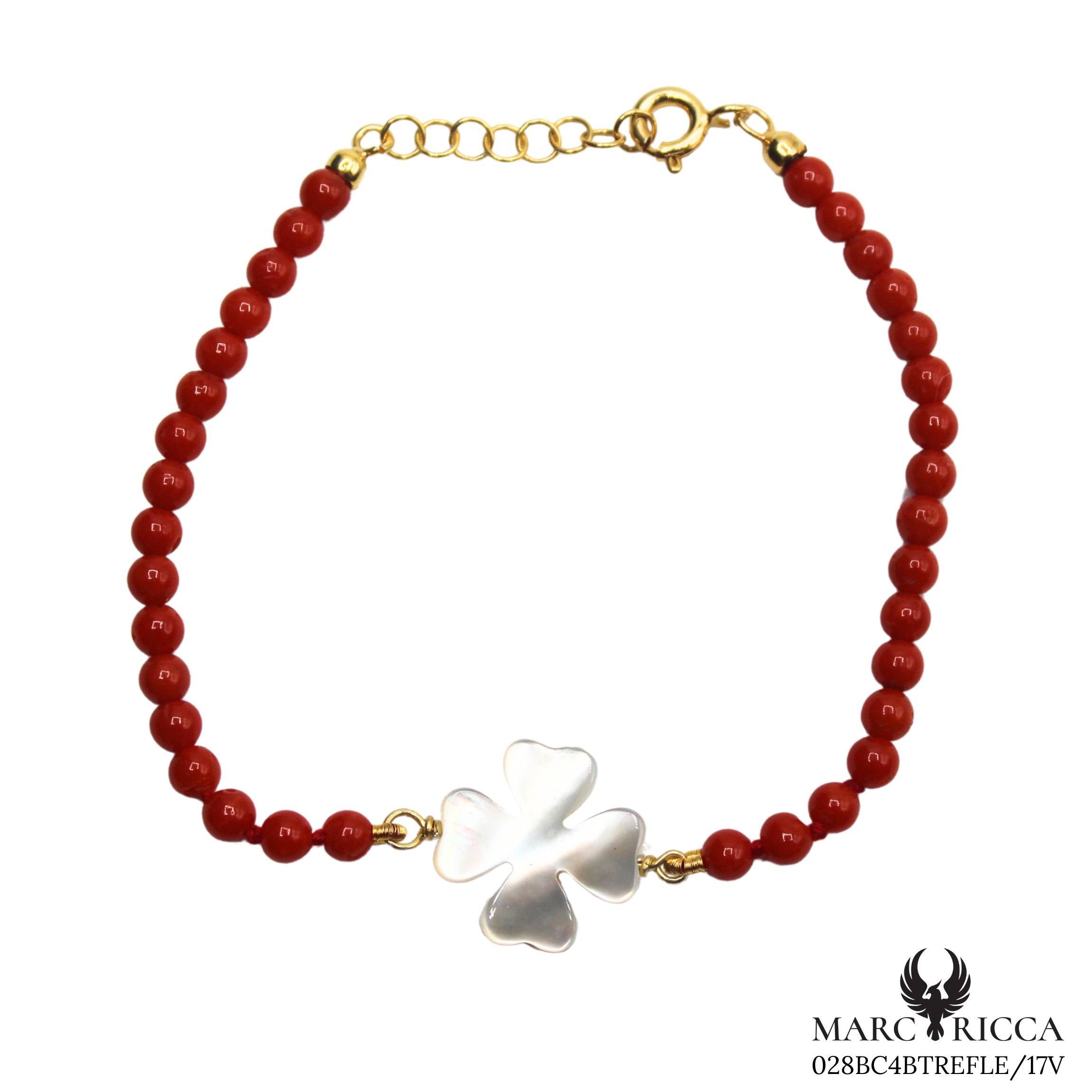 Bracelet Vermeil Corail Perle & Trèfle Nacre