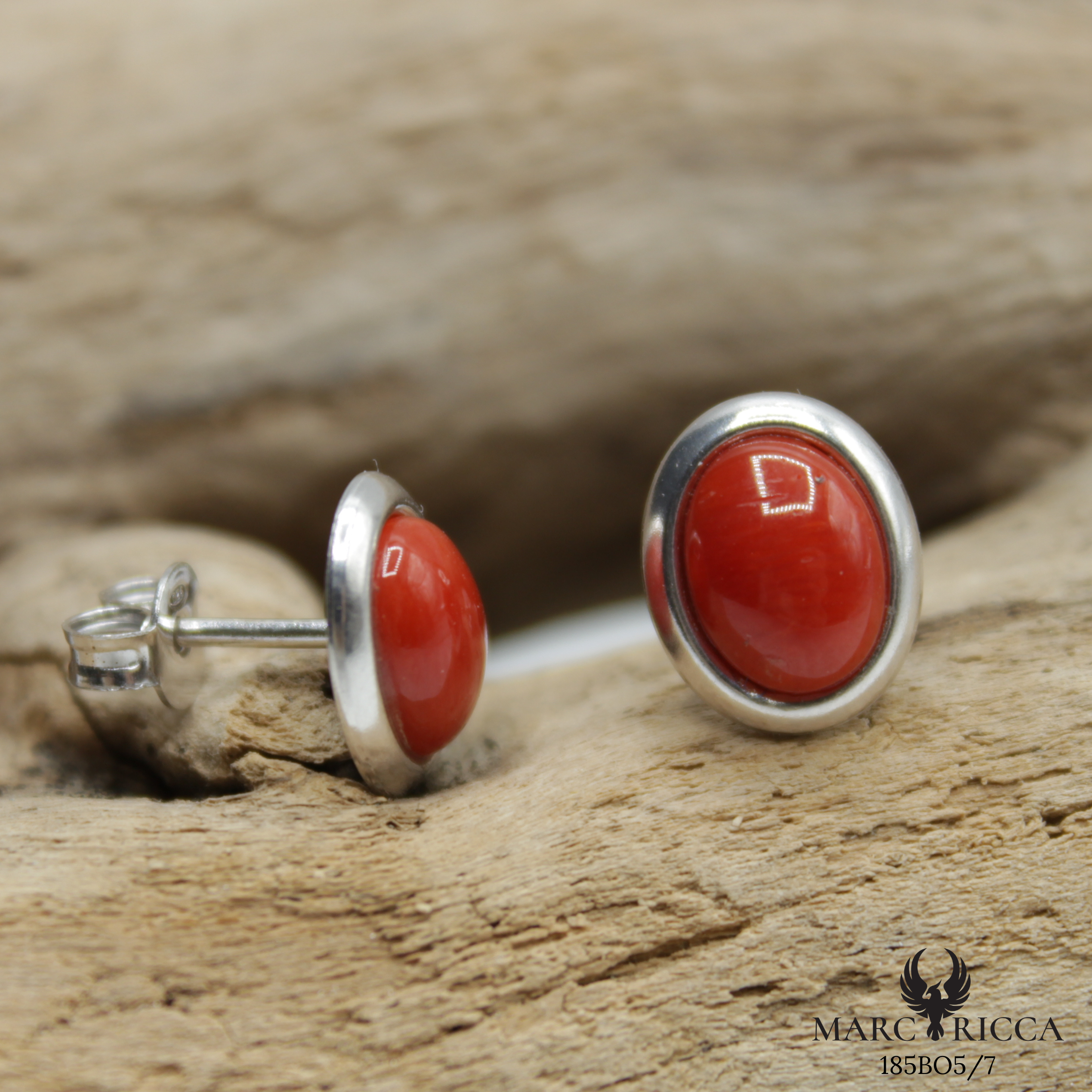 Boucles Argent Corail Cabochon Ovale