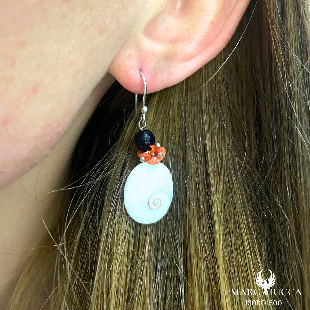 Boucles Argent Œil de St-Lucie, Corail & onyx