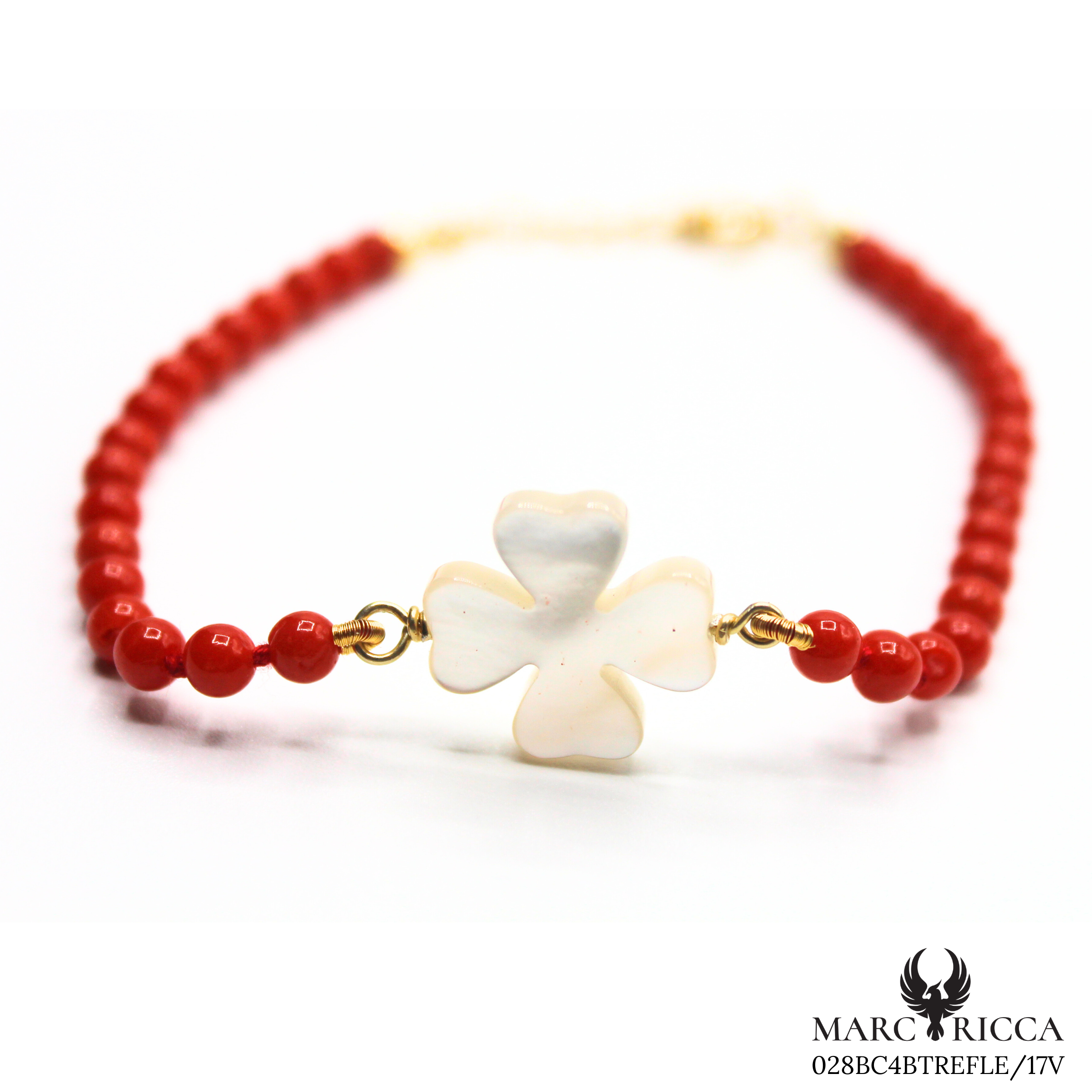 Bracelet Vermeil Corail Perle & Trèfle Nacre
