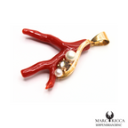 Pendentif Or Corail Branche & Perle nacre & Zirconium Pièce Unique
