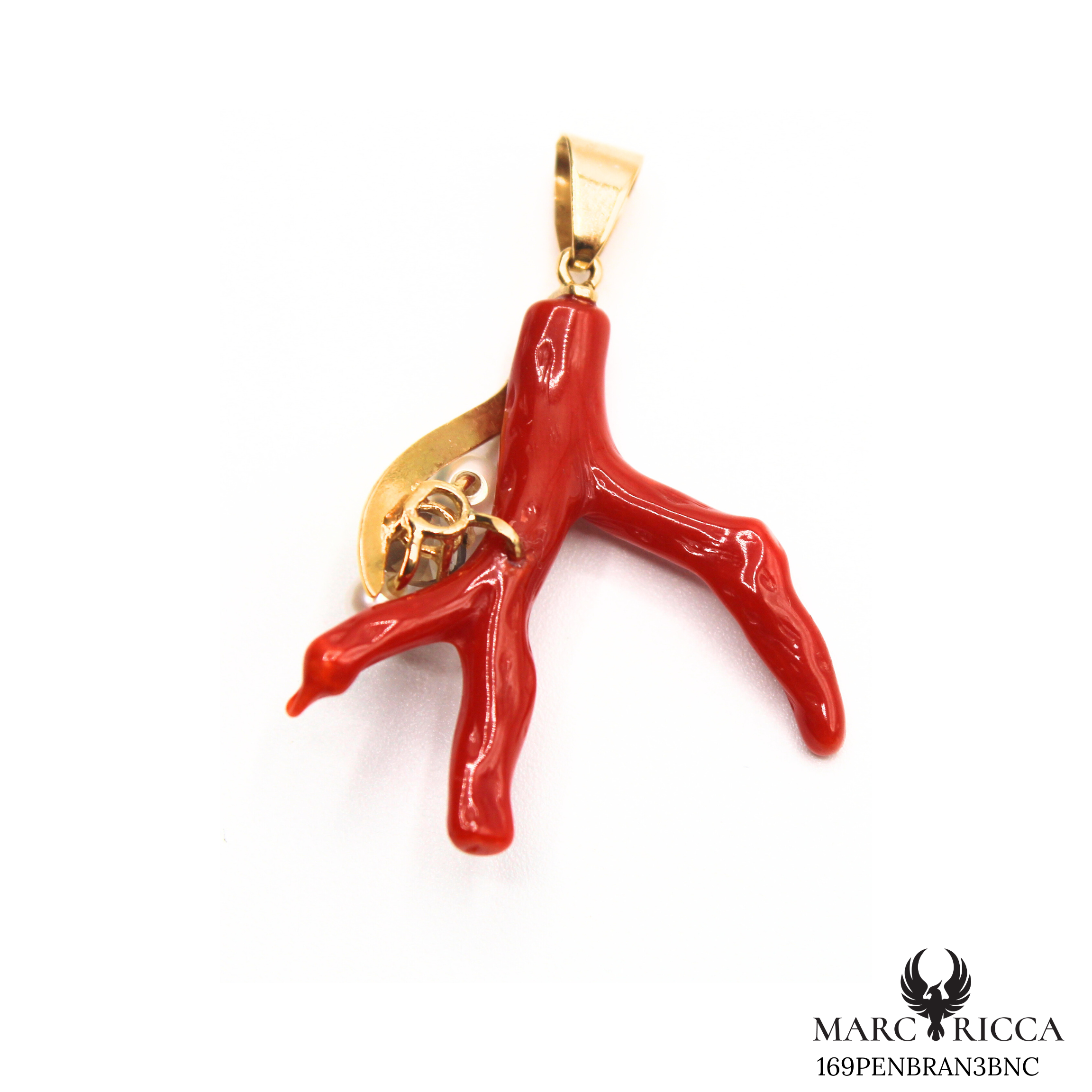 Pendentif Or Corail Branche & Perle nacre & Zirconium Pièce Unique
