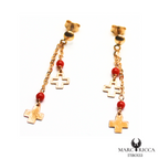 Boucles Or Corail Perle & Croix Pendante