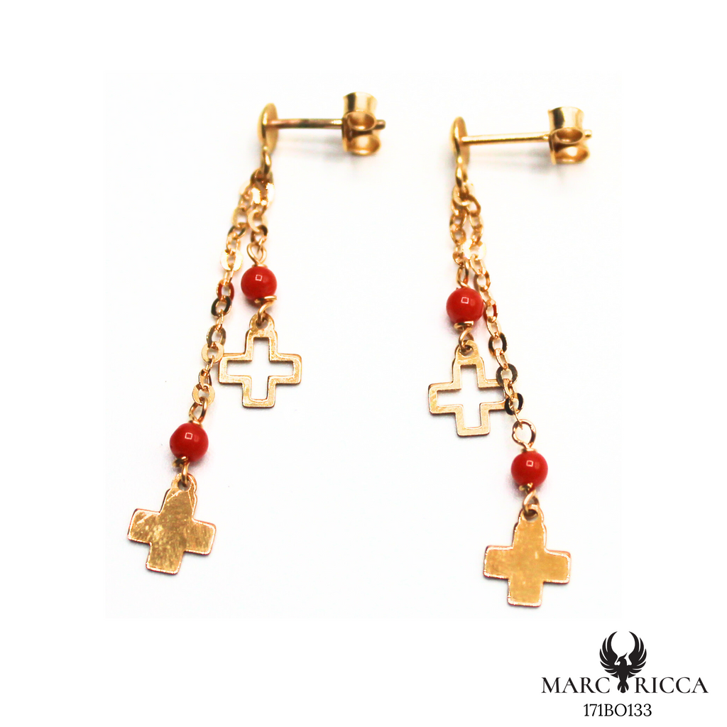 Boucles Or Corail Perle & Croix Pendante