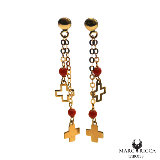 Boucles Or Corail Perle & Croix Pendante