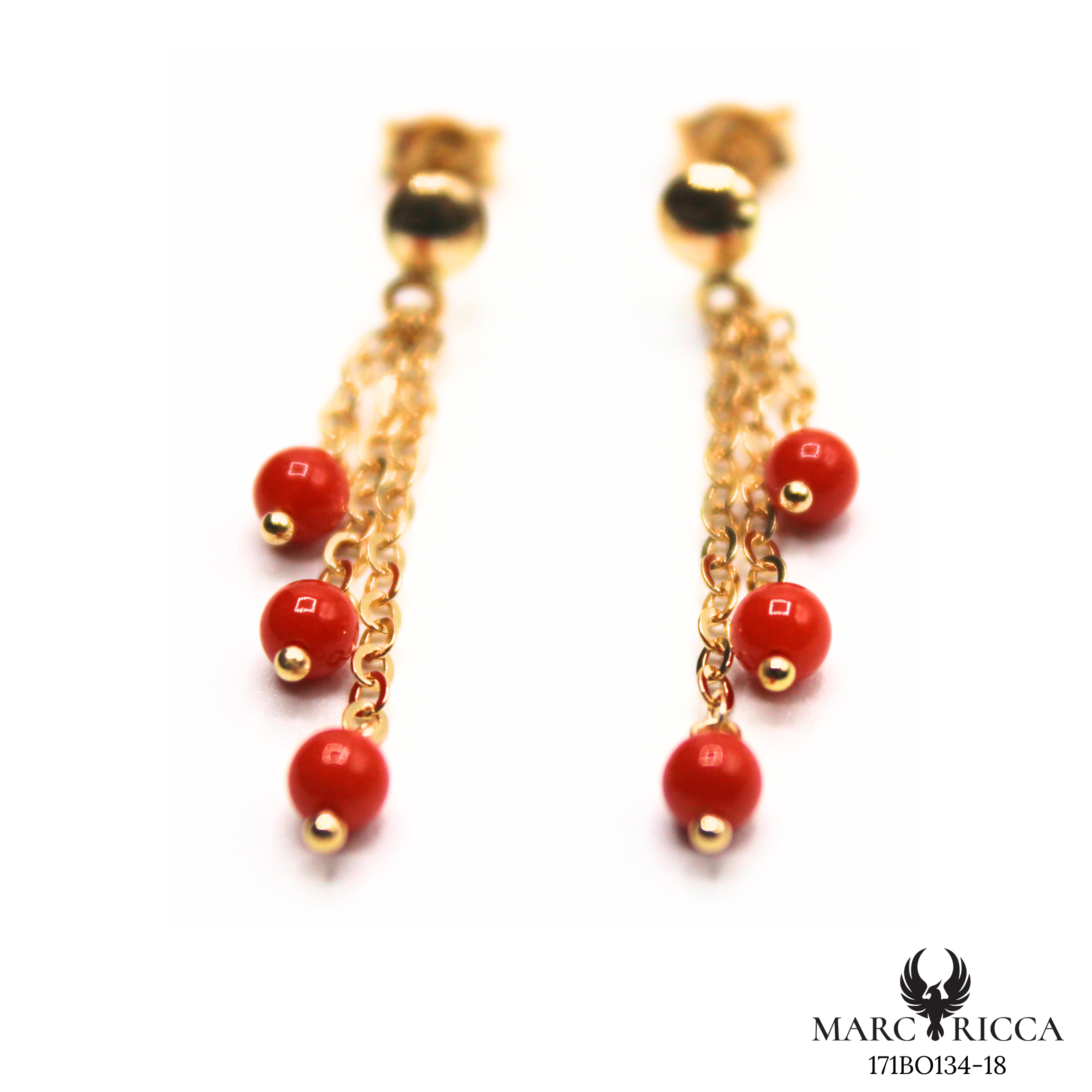 Boucles Or Pendante Corail Perle